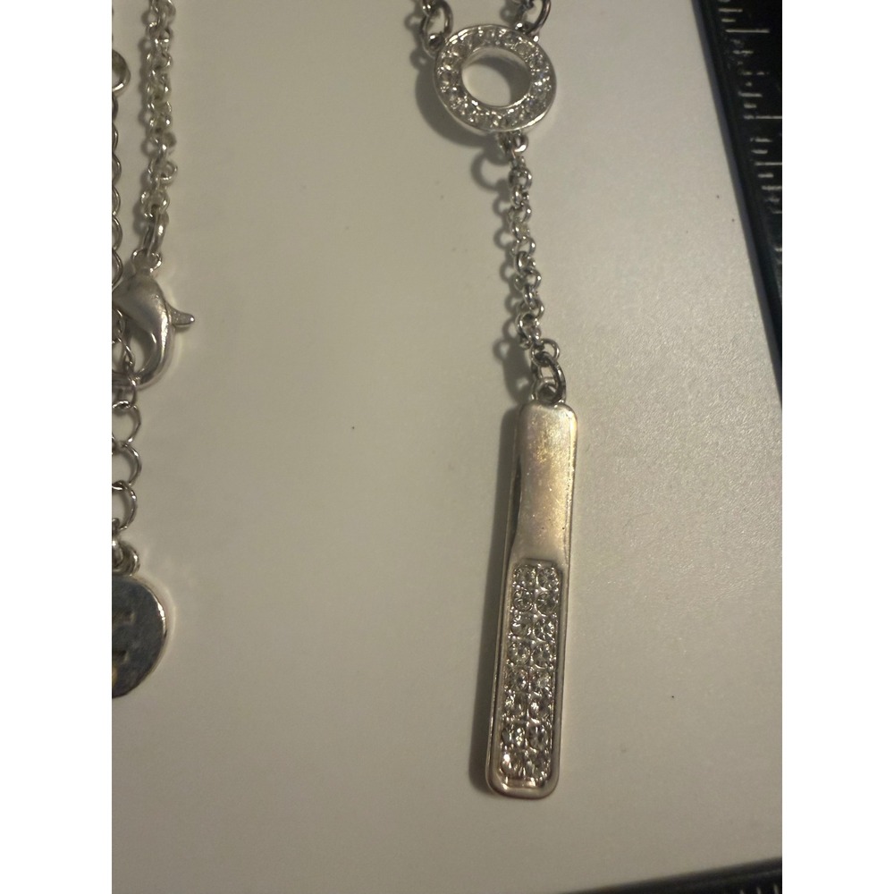 Liz Claiborne Silver Tone Pave Circle and Bar Lariat Drop Necklace LC Logo Tag - Picture 3 of 4